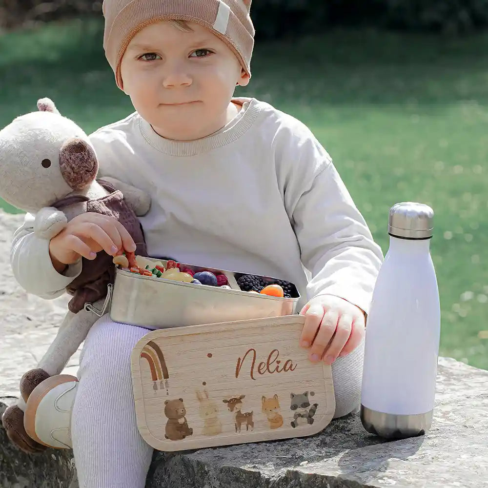 Brotdose Kinder personalisiert - Boho Tierfamilie Regenbogen