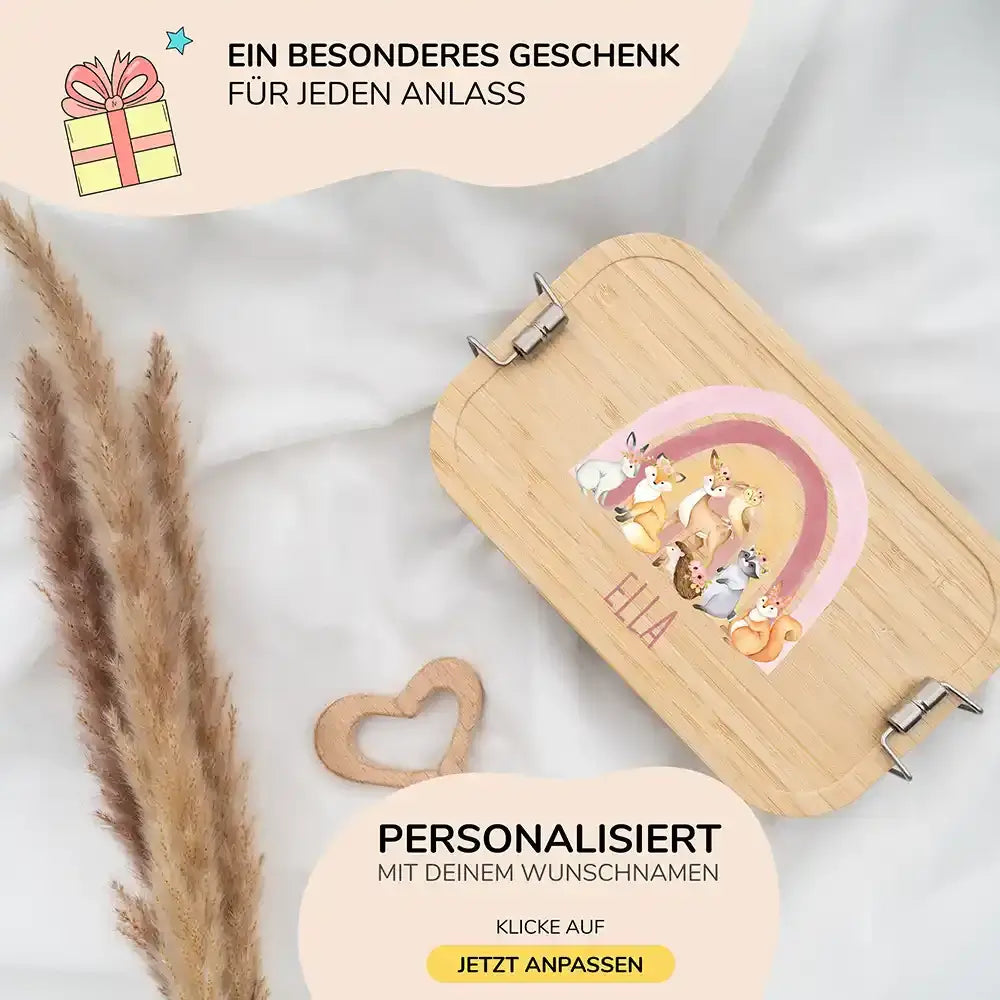 brotdose mit regenbogen und waldtiere motiv und individuellem namen