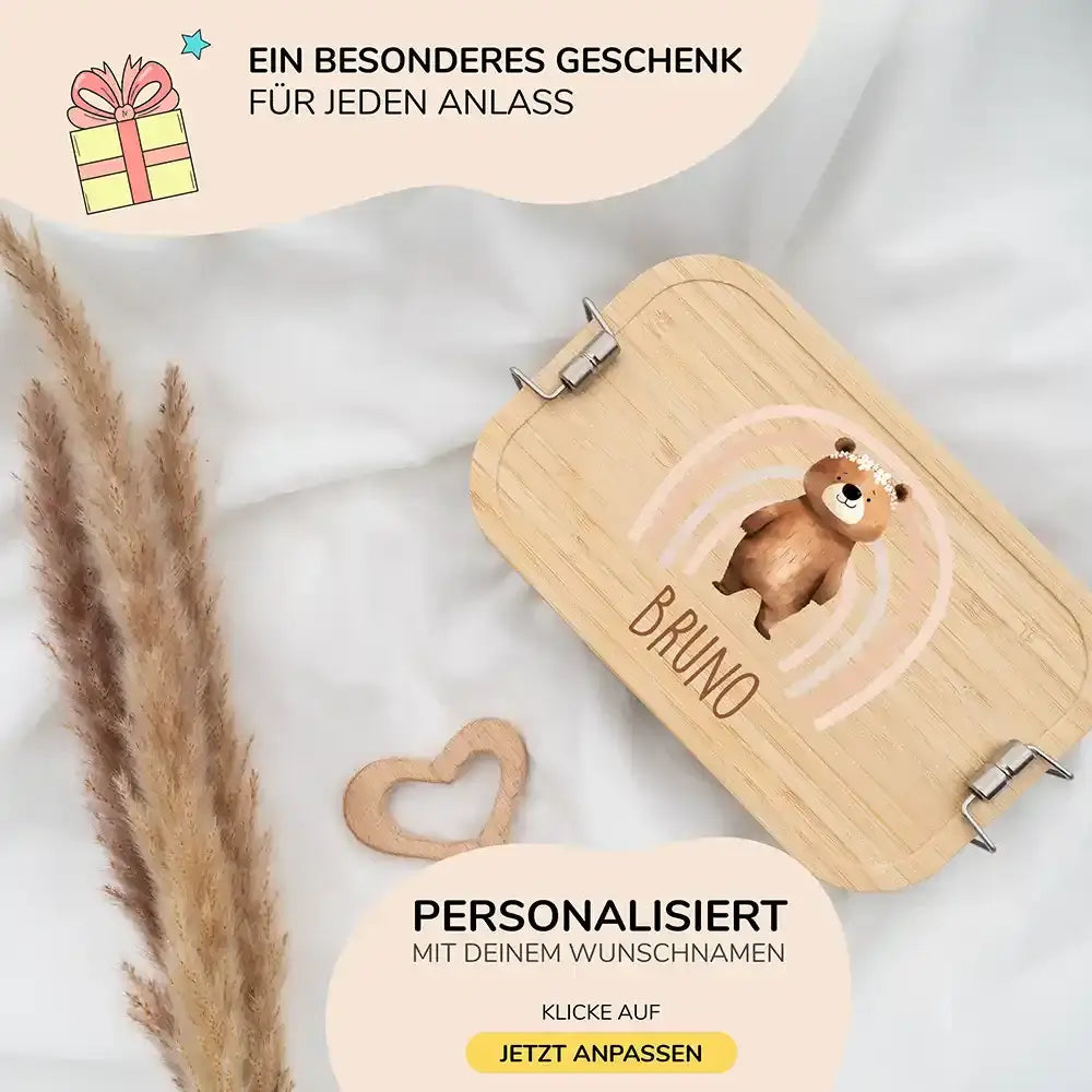 brotdose mit bär und regenbogen motiv und individuellem namen