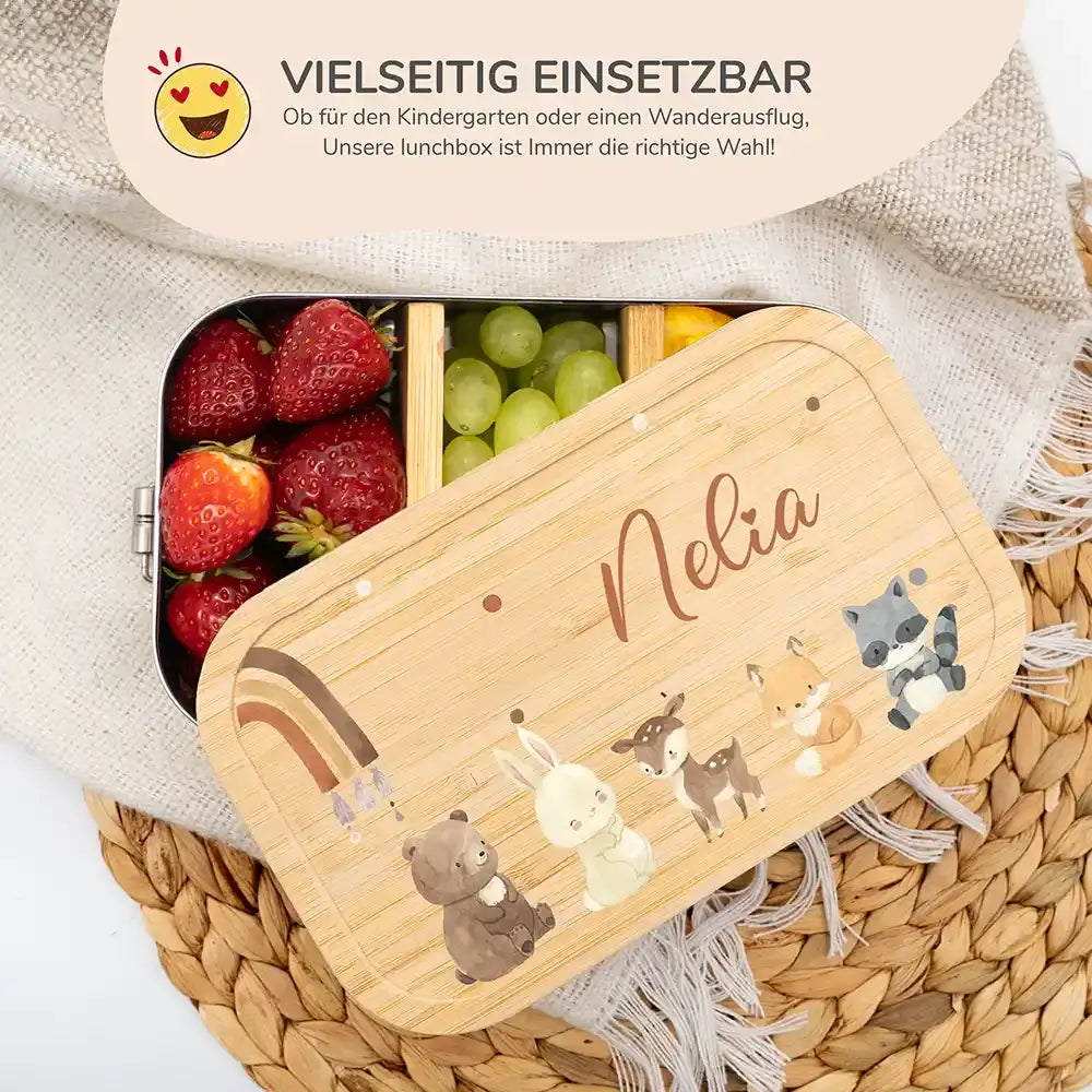 hochwertige brotdose mit boho tierfamilie und regenbogen personalisiert