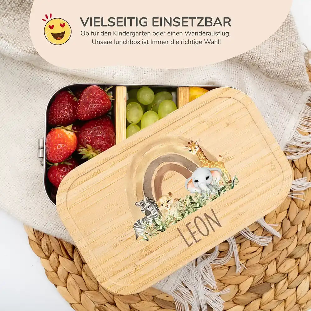 hochwertige brotdose mit rainbow animals personalisiert