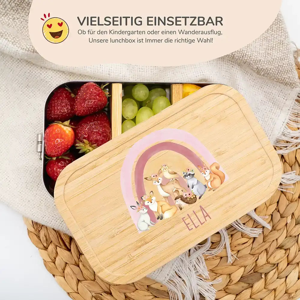 hochwertige brotdose mit regenbogen und waldtiere personalisiert