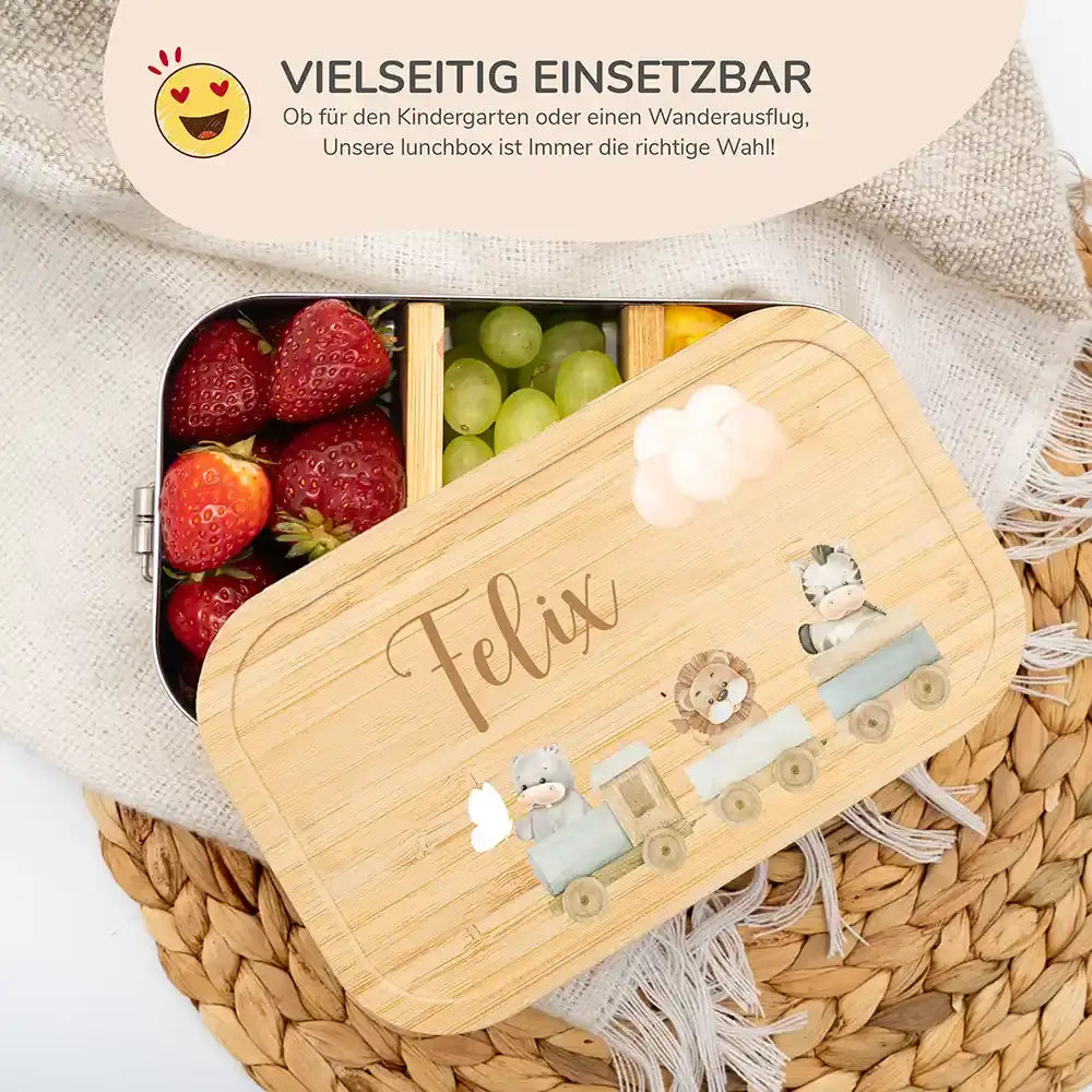 hochwertige brotdose mit tiere eisenbahn personalisiert