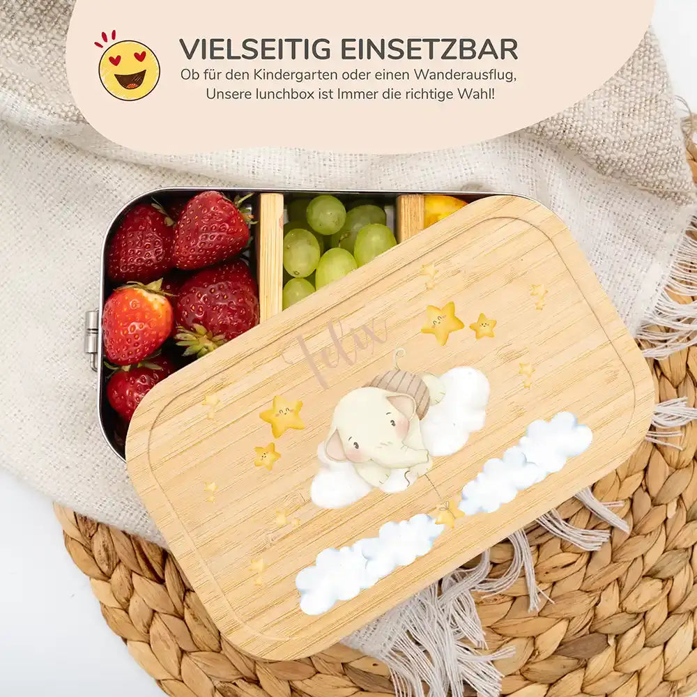 hochwertige brotdose mit elefant auf wolken personalisiert