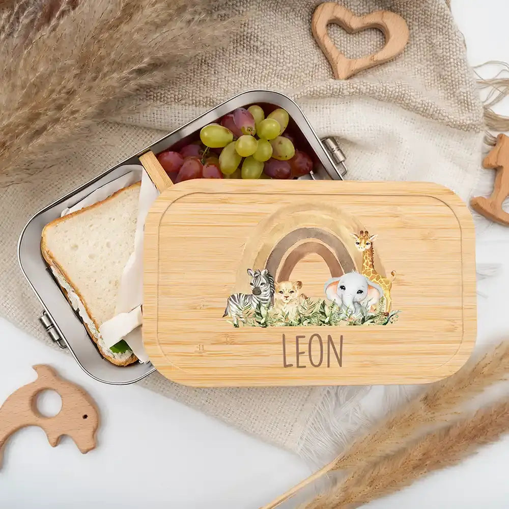 personalisierte brotdose mit rainbow animals design
