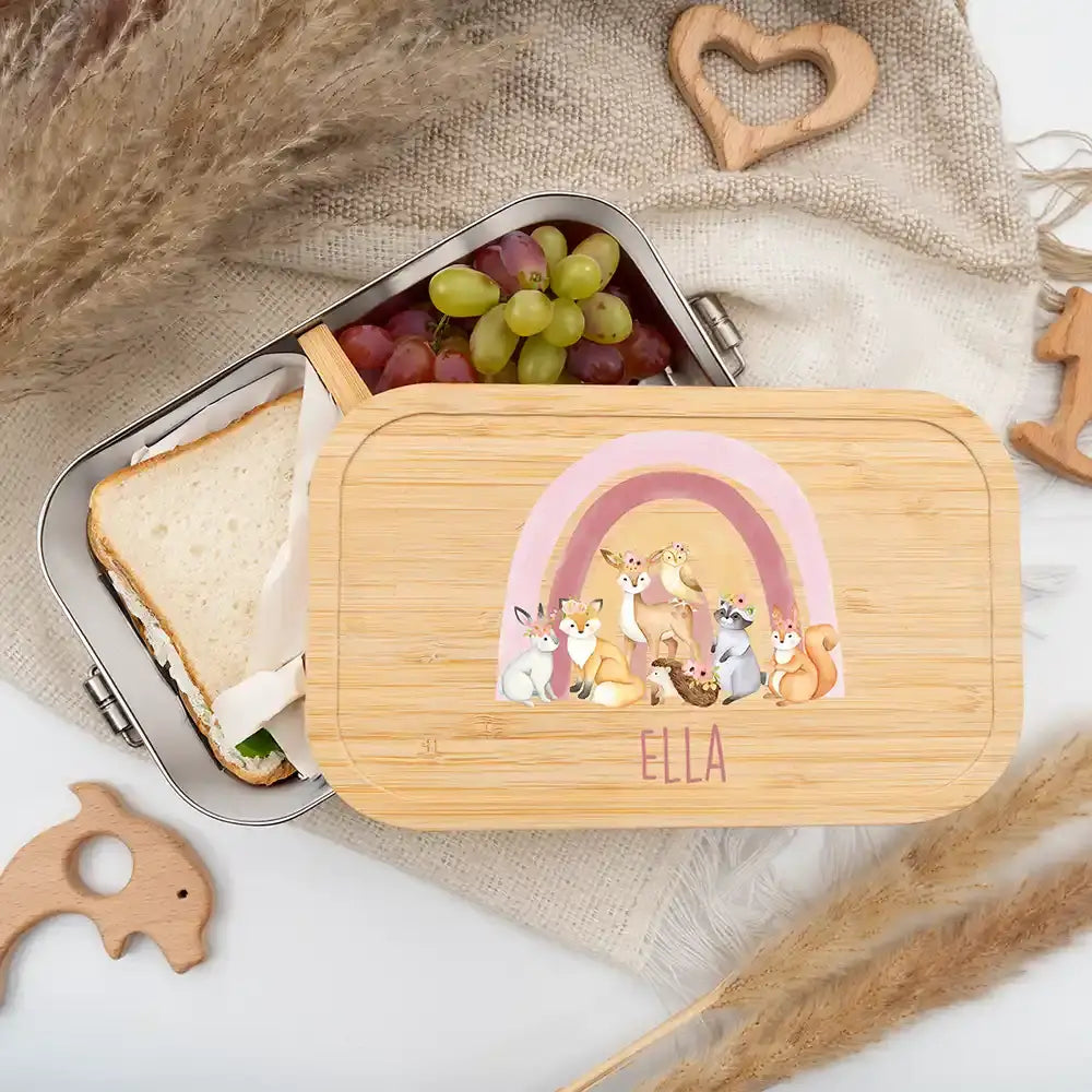 personalisierte brotdose mit regenbogen und waldtiere design