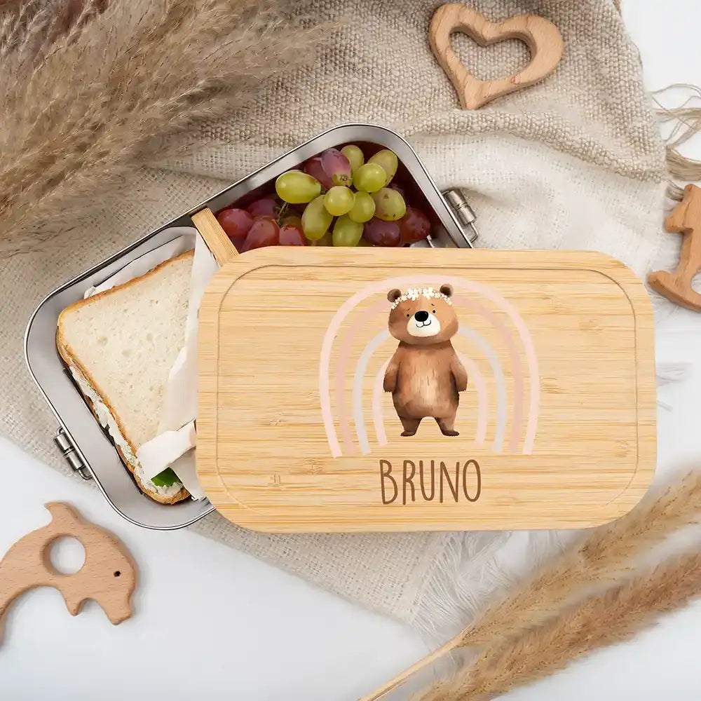 personalisierte brotdose mit bär und regenbogen design