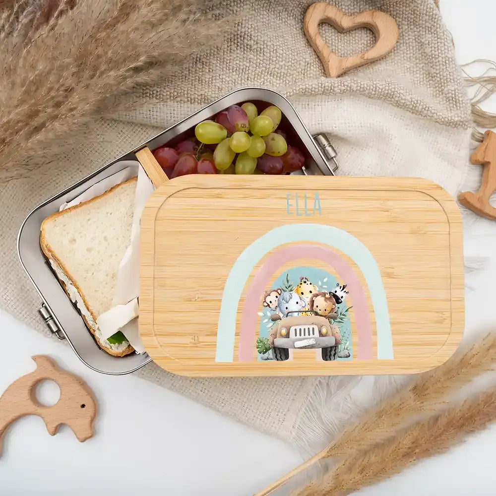 personalisierte brotdose mit regenbogen safari design