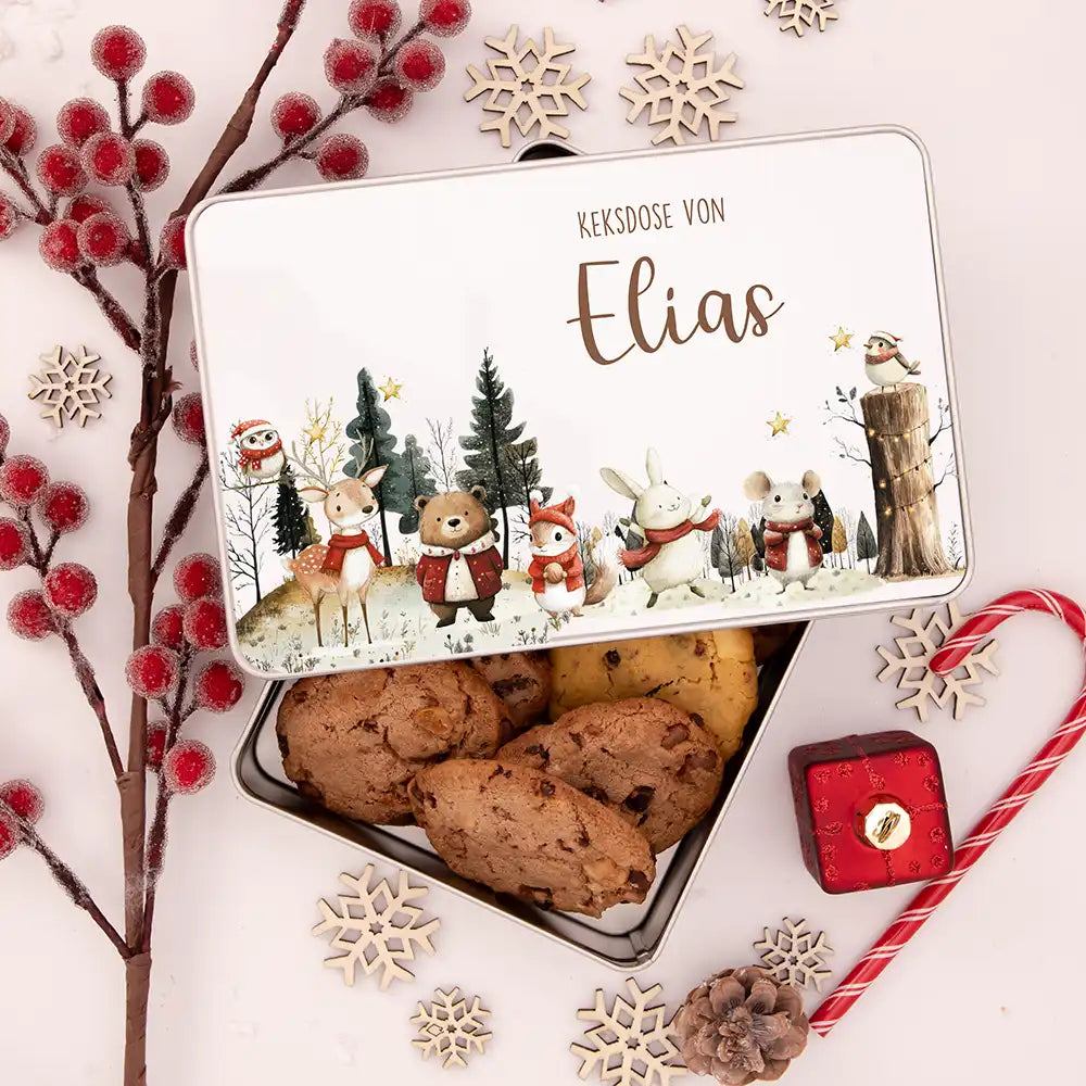 Keksdose aus Metal personalisiert - Weihnachtsfreunde im Schnee