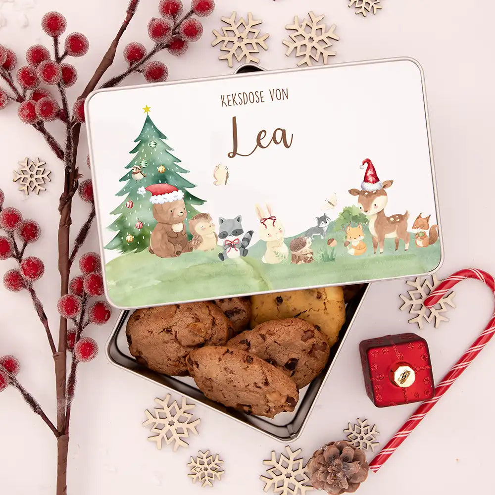 Keksdose aus Metal personalisiert - Kleine Waldbewohner im Weihnachtsglanz
