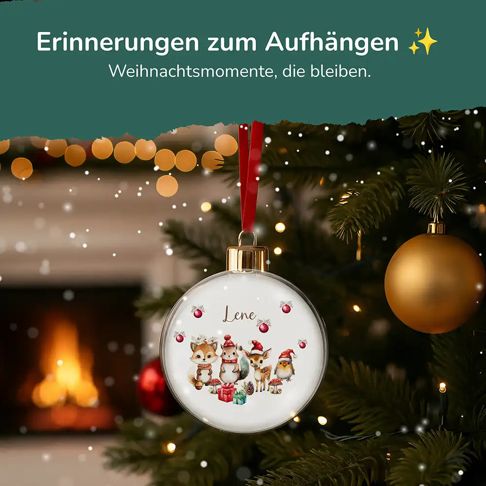 Weihnachtskugel personalisiert mit Namen - Weiche Schneefreunde im Wald