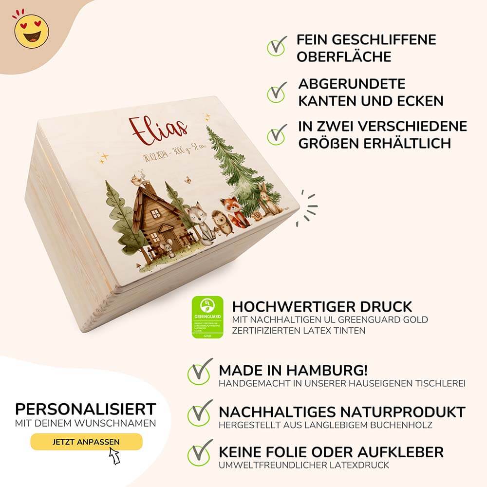gravierte waldtiere auf personalisierter erinnerungskiste