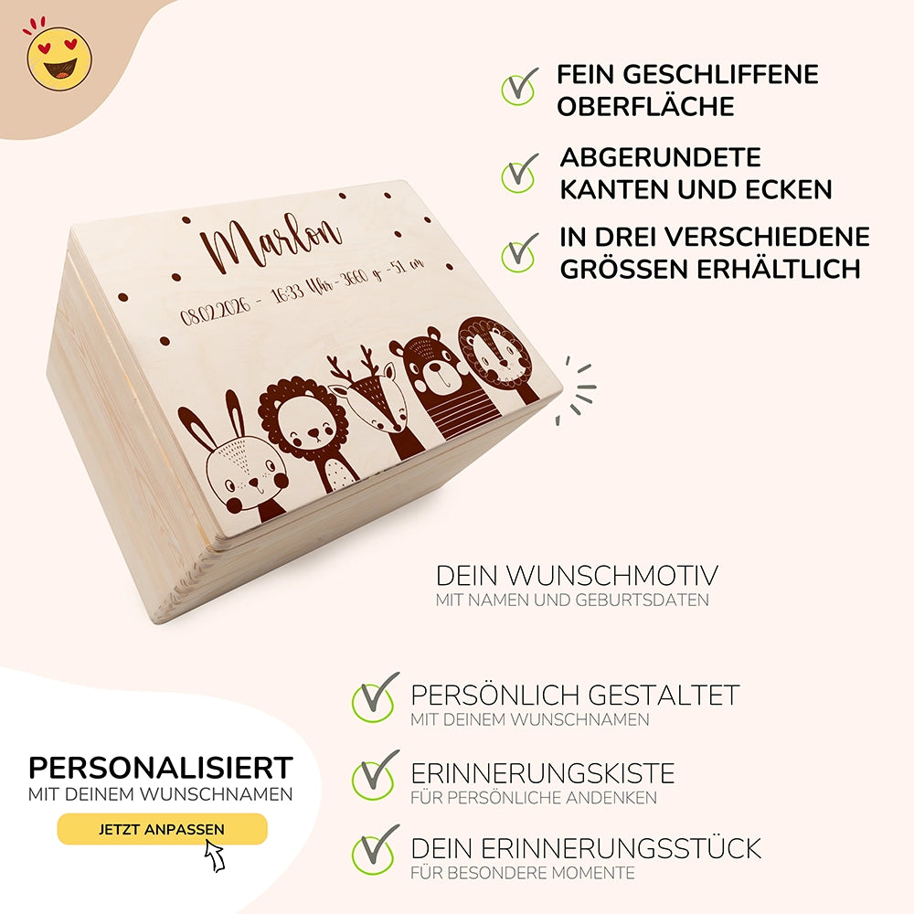 Erinnerungsbox Baby, Erinnerungskiste Baby - Tierfamilie graviert