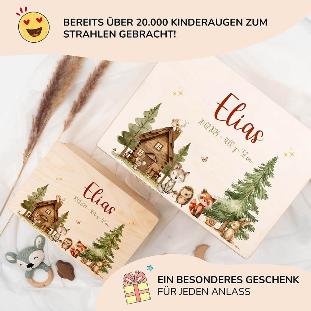 erinnerungskiste mit fröhlichen waldtieren und gravur