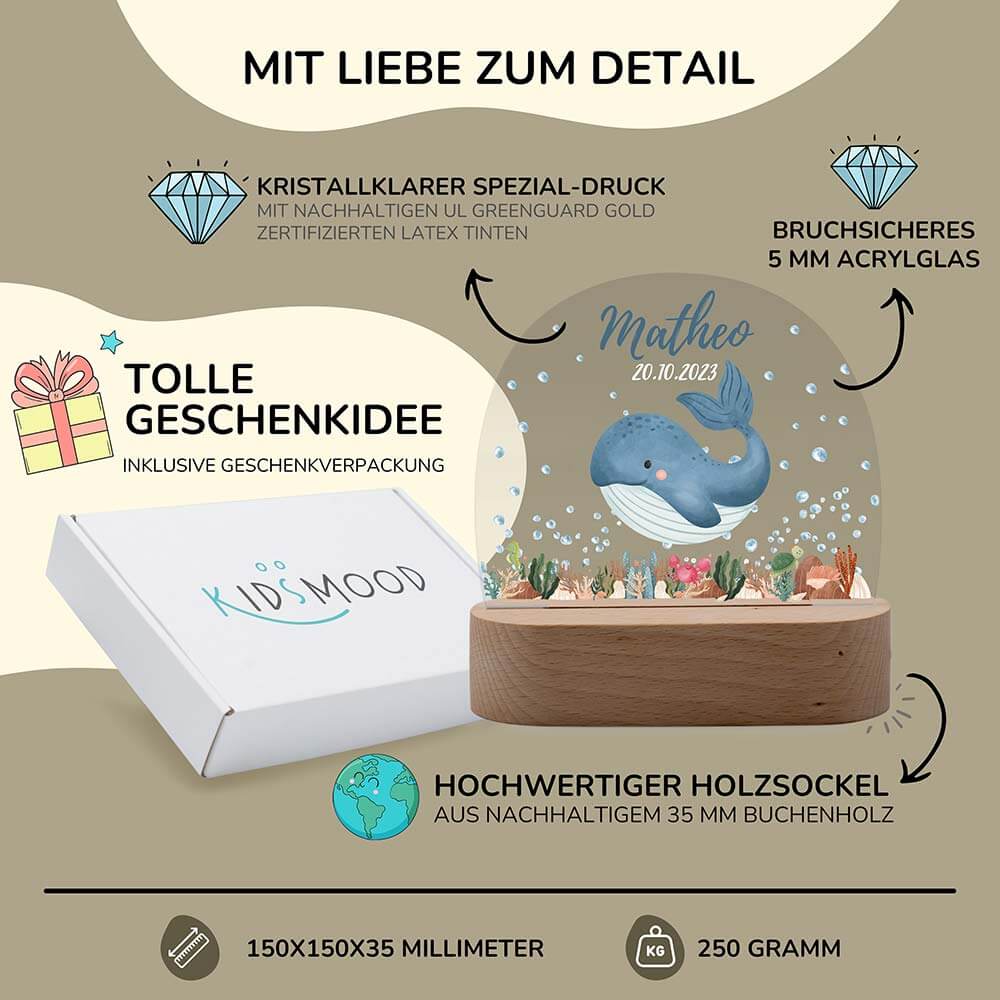 Nachtlicht Kinder personalisiert - Wal im Meer