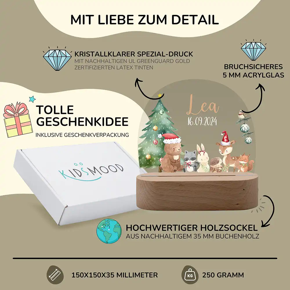 Nachtlicht Kinder personalisiert Weihnachten - Niedliche Waldtiere
