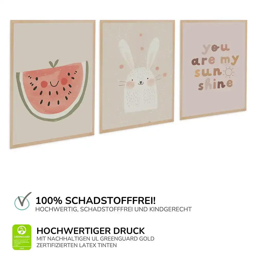 Poster 3er-Set - Wassermelone, Hase & "You are my sunshine" fürs Kinderzimmer
