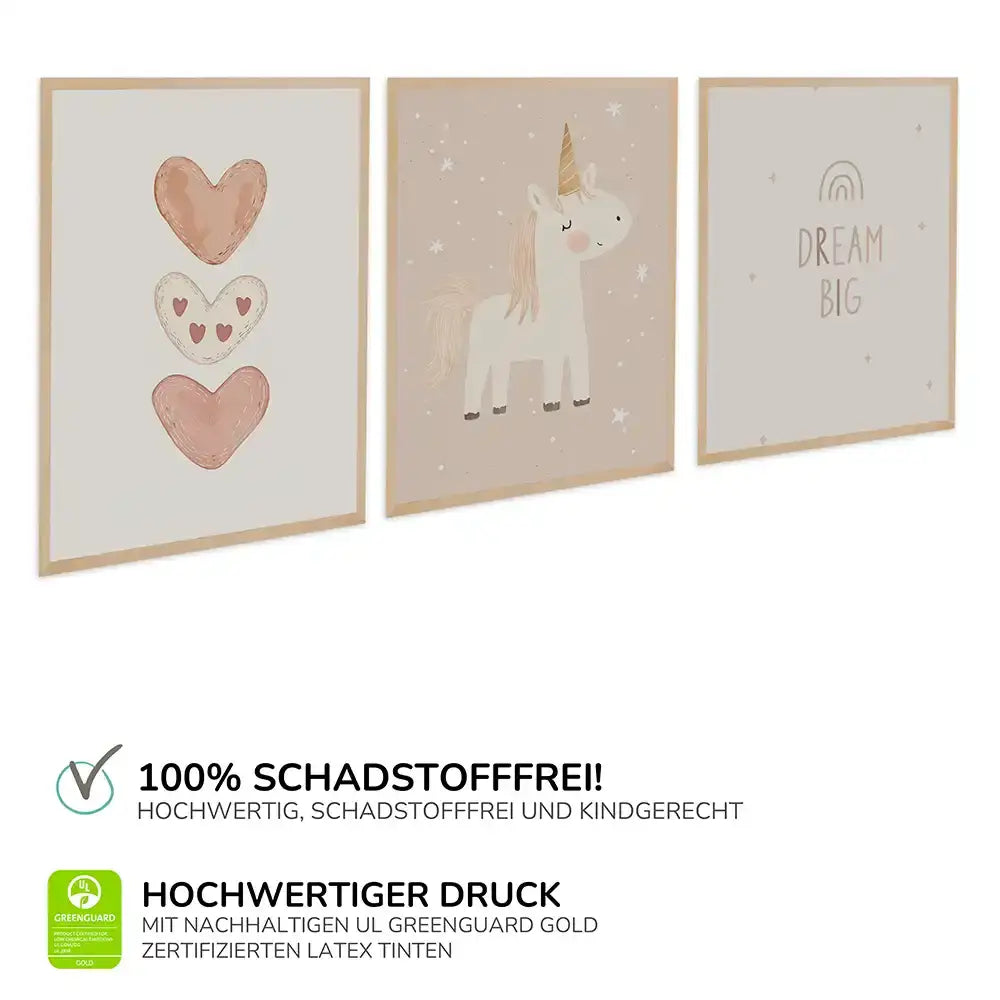 Poster 3er-Set - Herzen, Einhorn & Dream Big fürs Kinderzimmer