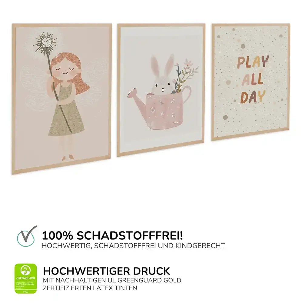 Poster 3er-Set - Engel, Häschen & "Play All Day" fürs Kinderzimmer