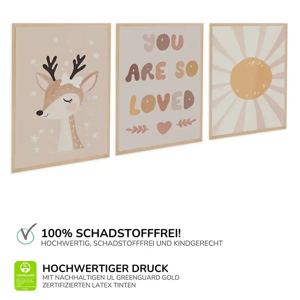 Poster 3er-Set - Reh, "You are so loved" & Sonne fürs Kinderzimmer
