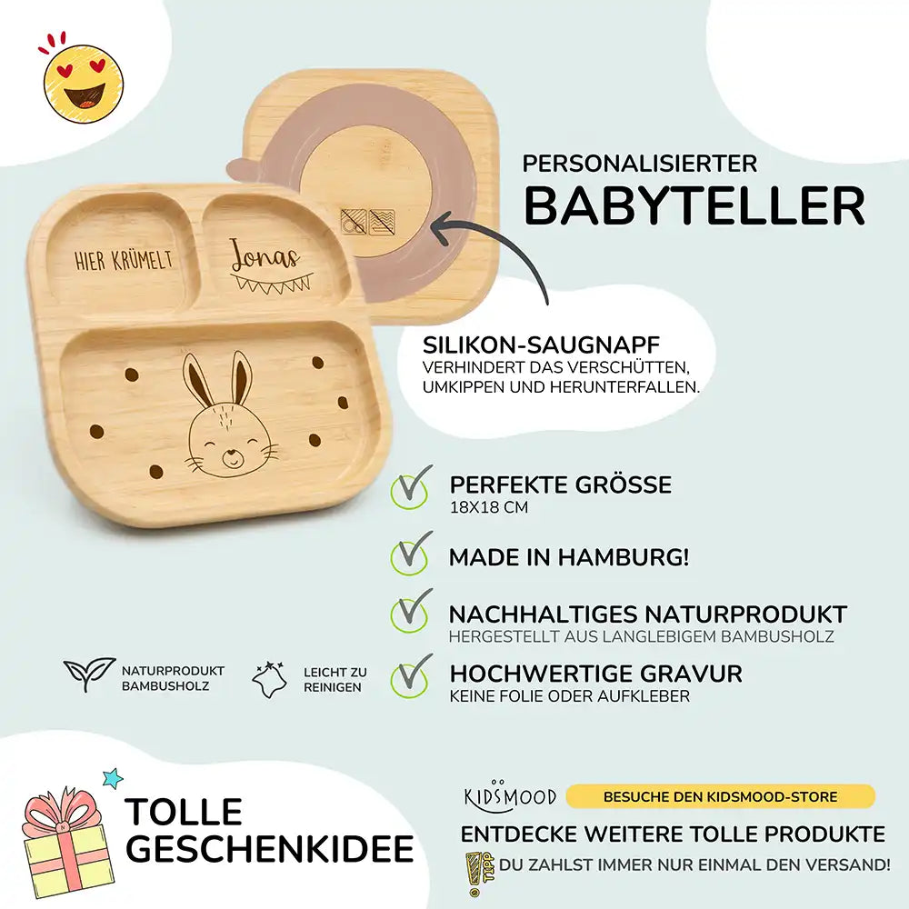 Kinderteller mit Saugnapf personalisiert mit Namen - Hase Motiv