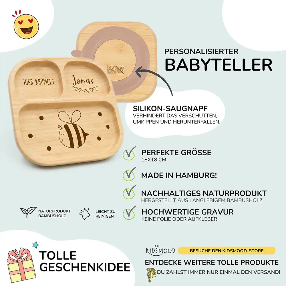 Kinderteller mit Saugnapf personalisiert mit Namen - Biene Motiv