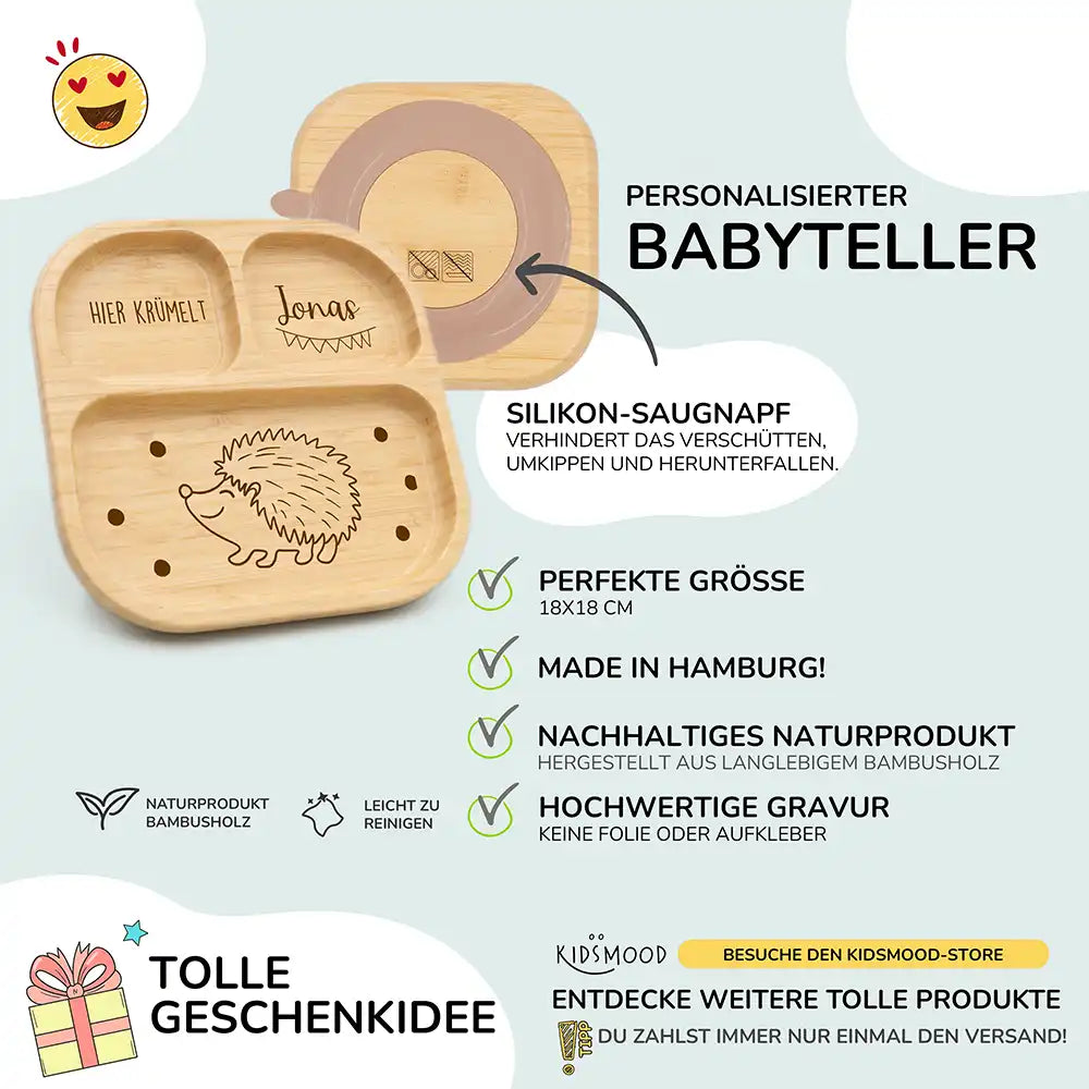 Kinderteller mit Saugnapf personalisiert mit Namen - Igel Motiv