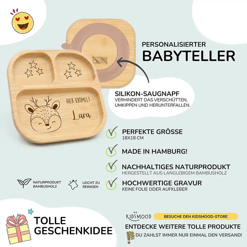Süßer personalisierter Kinderteller Lara mit liebevollen Tiermotiven - Bambus Geschirr für kleine Entdecker
