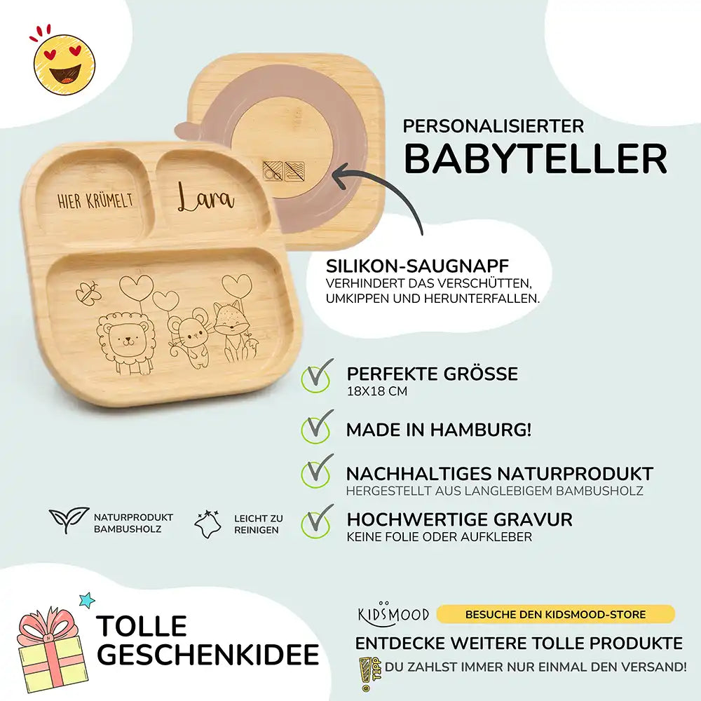 Bambusteller 3-Fächer mit Namen Lara graviert - Hier krümelt Text und süße Waldtiere Löwe Affe Fuchs