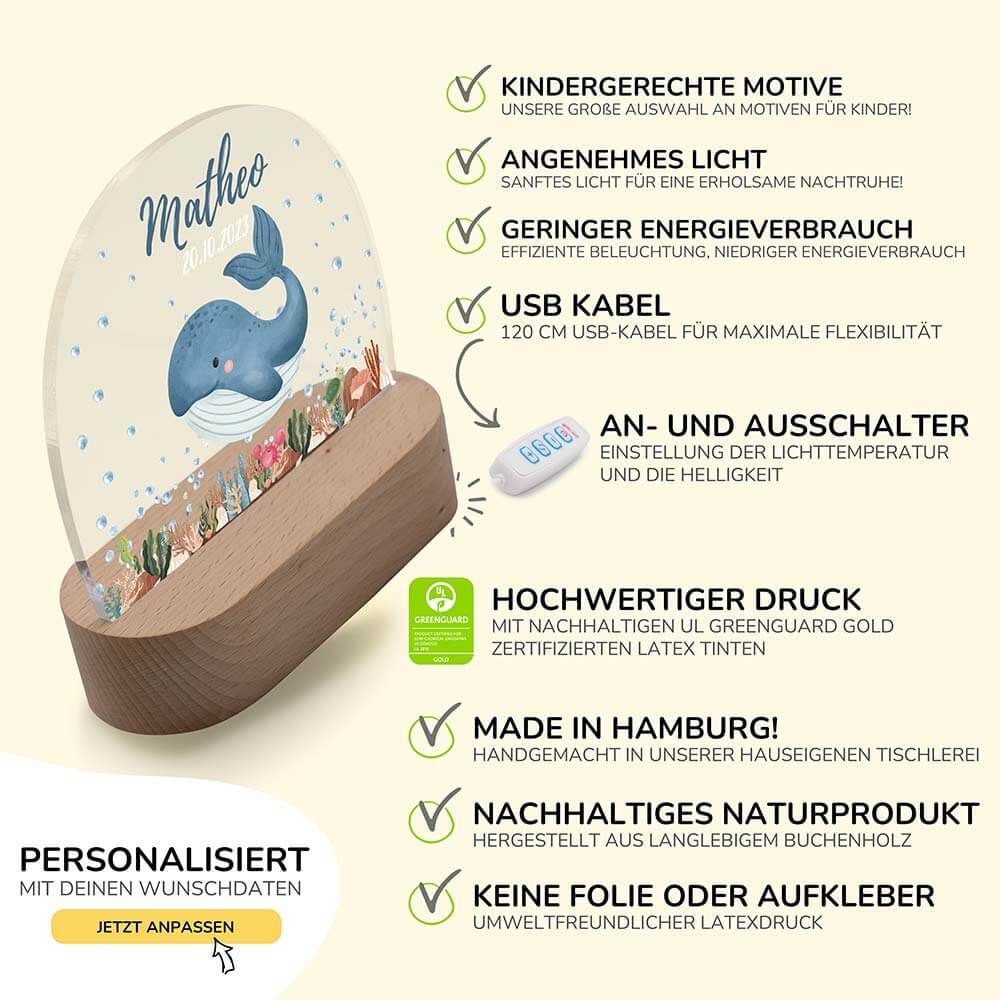 Nachtlicht Kinder personalisiert - Wal im Meer