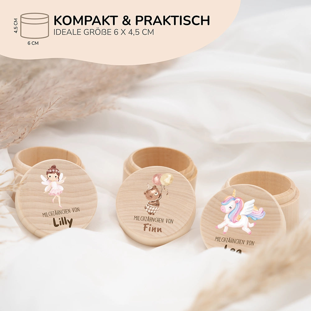 Zahndose Milchzähne personalisiert - Holz Zahnbox mit Wunschnamen - Bär mit Ballon