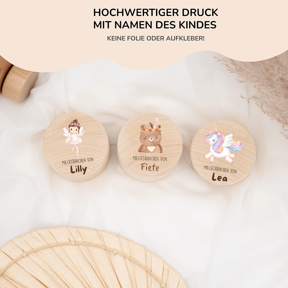 Zahndose Milchzähne personalisiert - Holz Zahnbox mit Wunschnamen - Bohor Bär Motiv