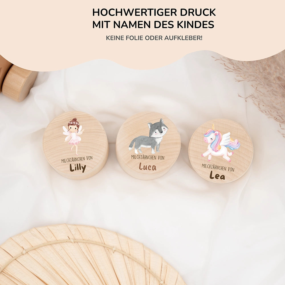 Zahndose Milchzähne personalisiert - Holz Zahnbox mit Wunschnamen - Dachs Motiv