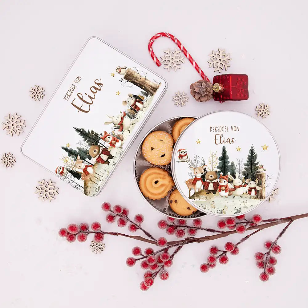 Keksdose aus Metal personalisiert - Weihnachtsfreunde im Schnee