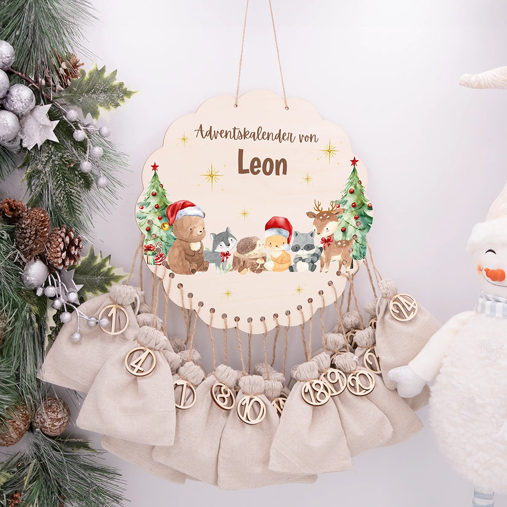 Personalisierter runder Adventskalender Kinder aus Holz  - Winterwunderland
