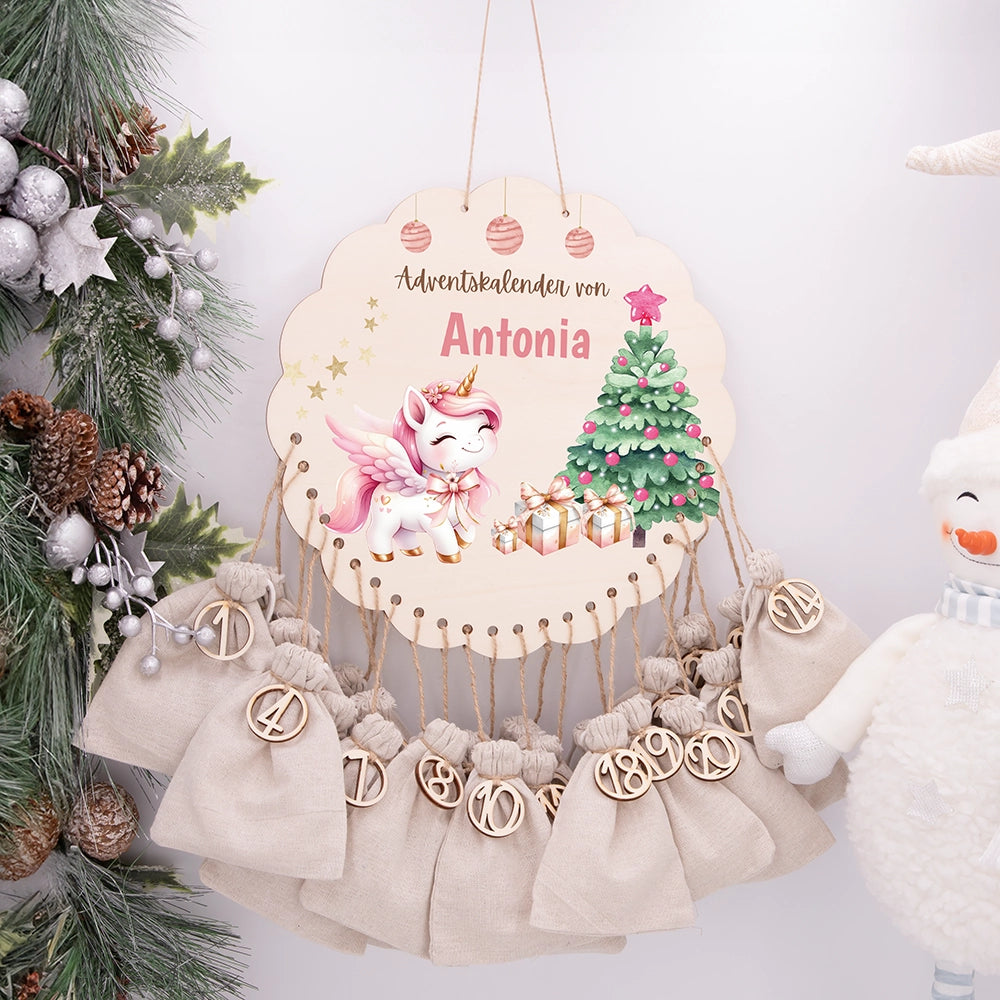 Personalisierter runder Adventskalender Kinder aus Holz  - Baby Einhorn