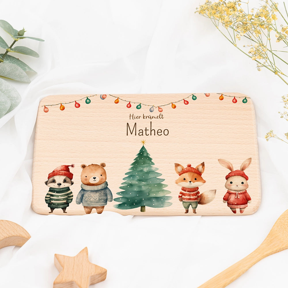 Frühstücksbrettchen Weihnachten mit Tieren und Lichterkette - Geschenk Weihnachten