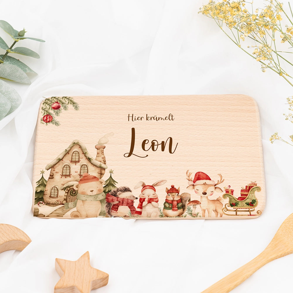 Frühstücksbrettchen Weihnachten Winterdorf mit Tieren - Geschenk Weihnachten