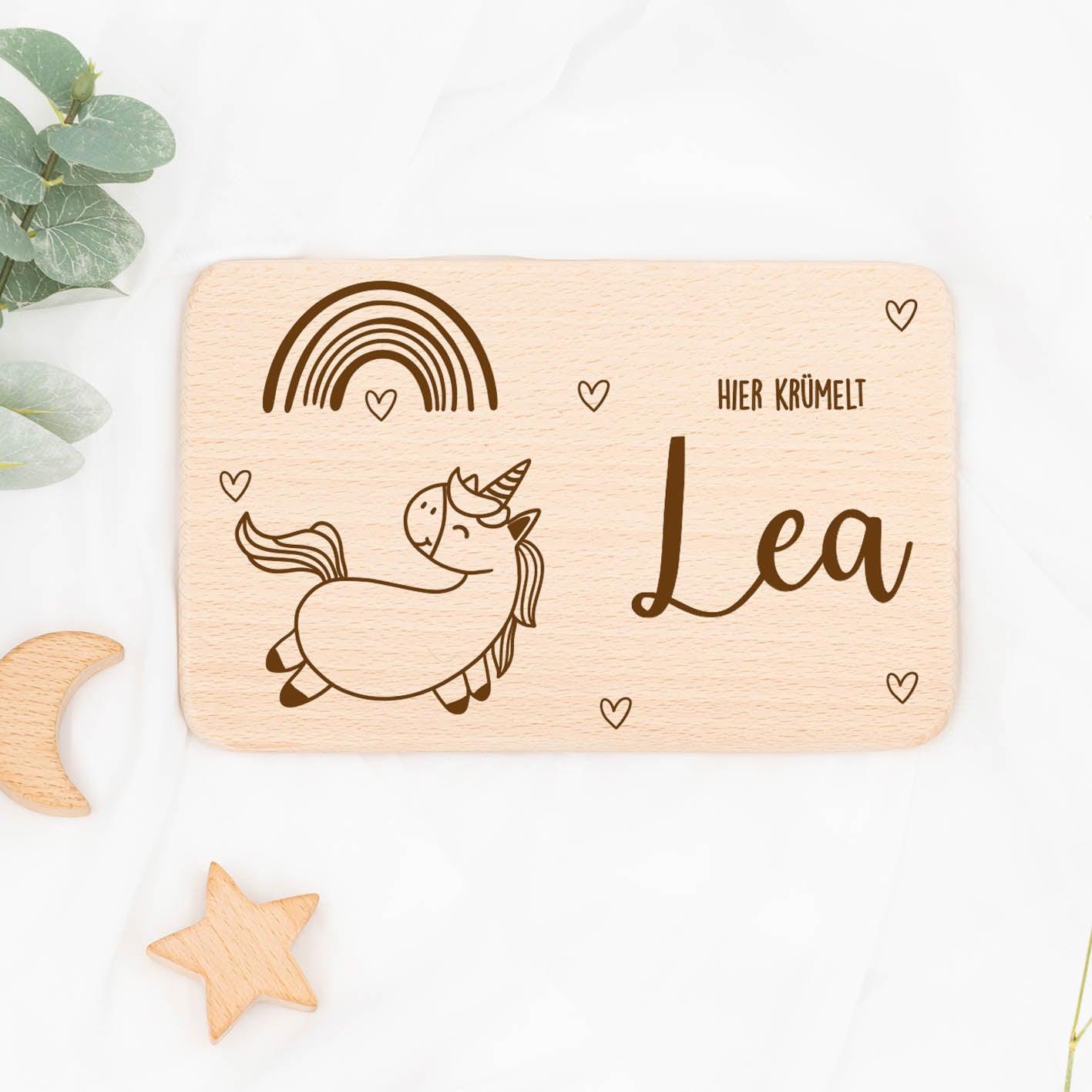 personalized breakfast board with rainbow unicorn design