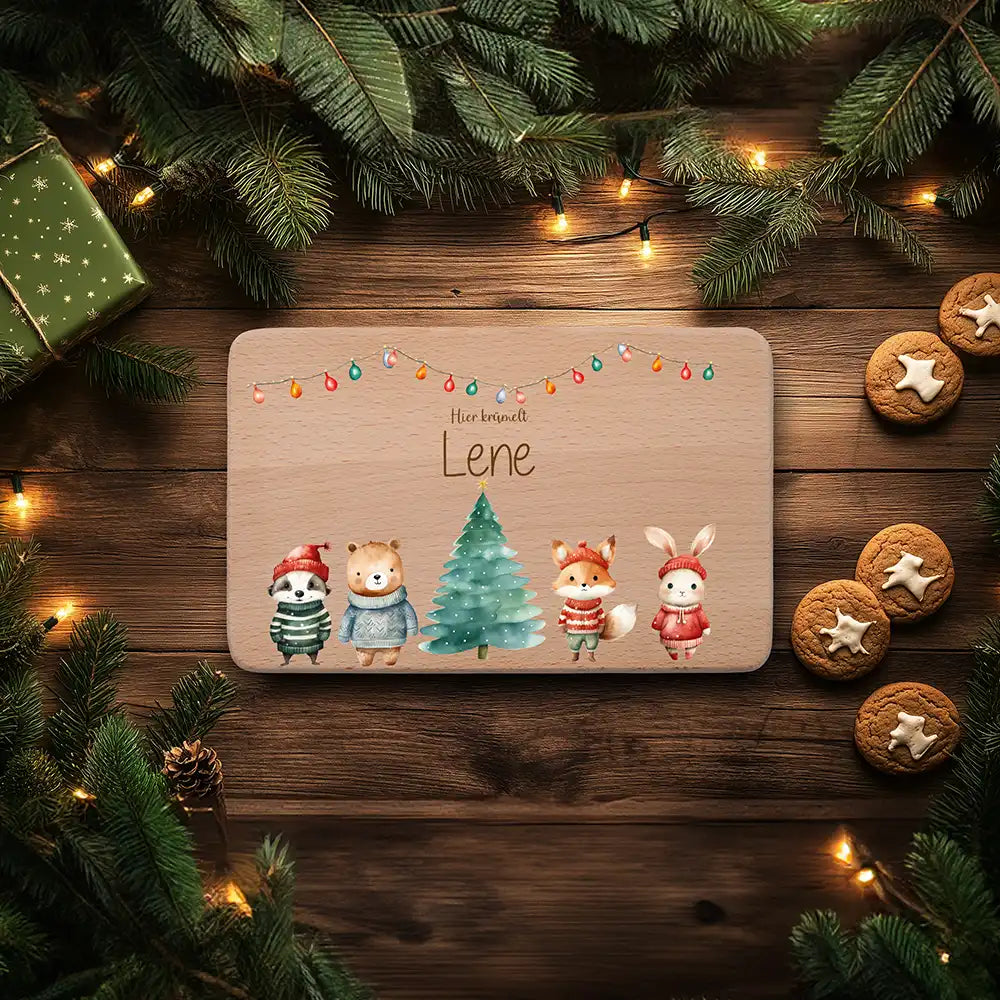 Frühstücksbrettchen Weihnachten mit Tieren und Lichterkette - Geschenk Weihnachten