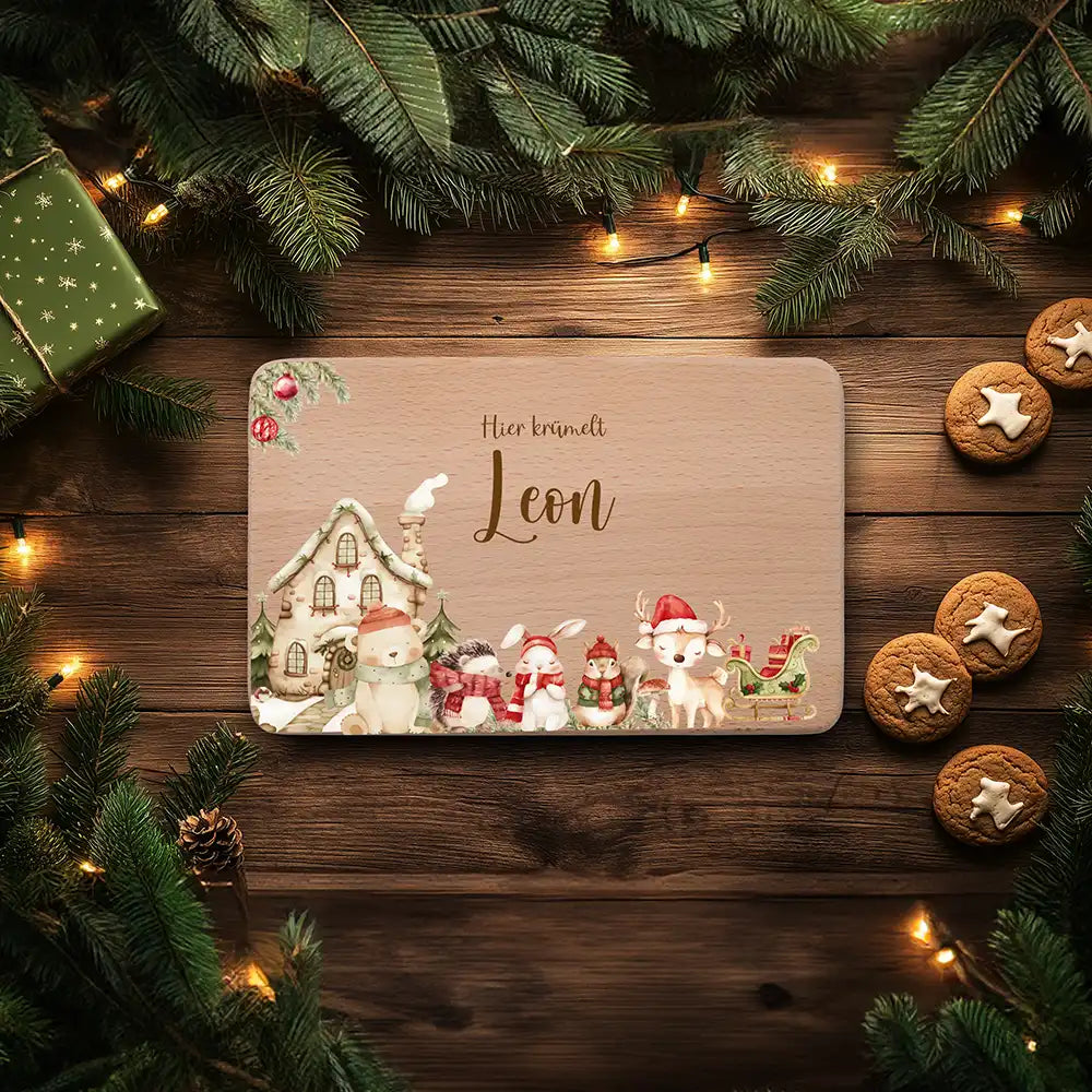 Frühstücksbrettchen Weihnachten Winterdorf mit Tieren - Geschenk Weihnachten
