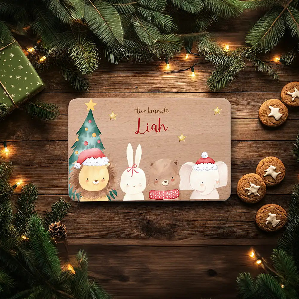 Frühstücksbrettchen Weihnachten mit weihnachtlichem Tiertrio - Geschenk Weihnachten