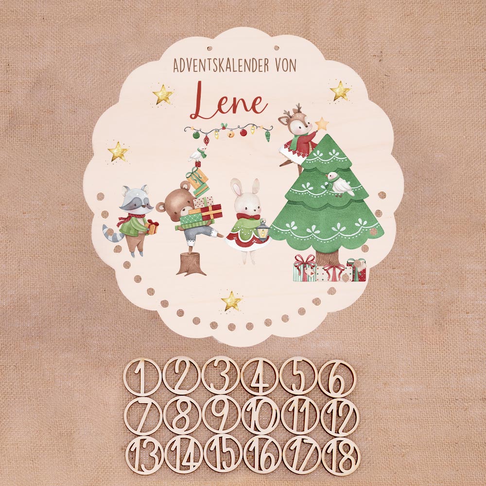 Personalisierter runder Adventskalender Kinder aus Holz  - Festliche Waldszene