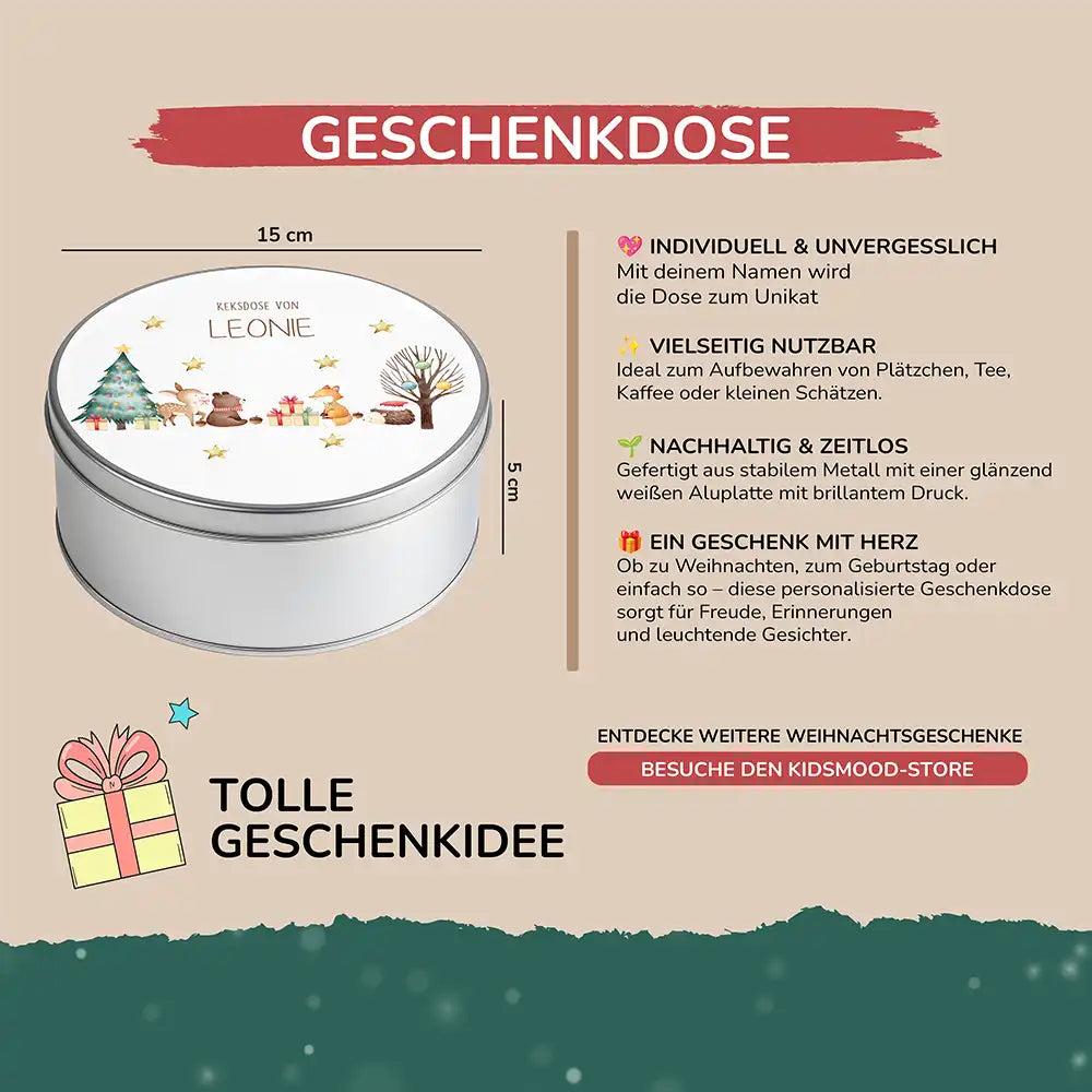 Keksdose aus Metal personalsiert - fröhliche Tiere im Wald