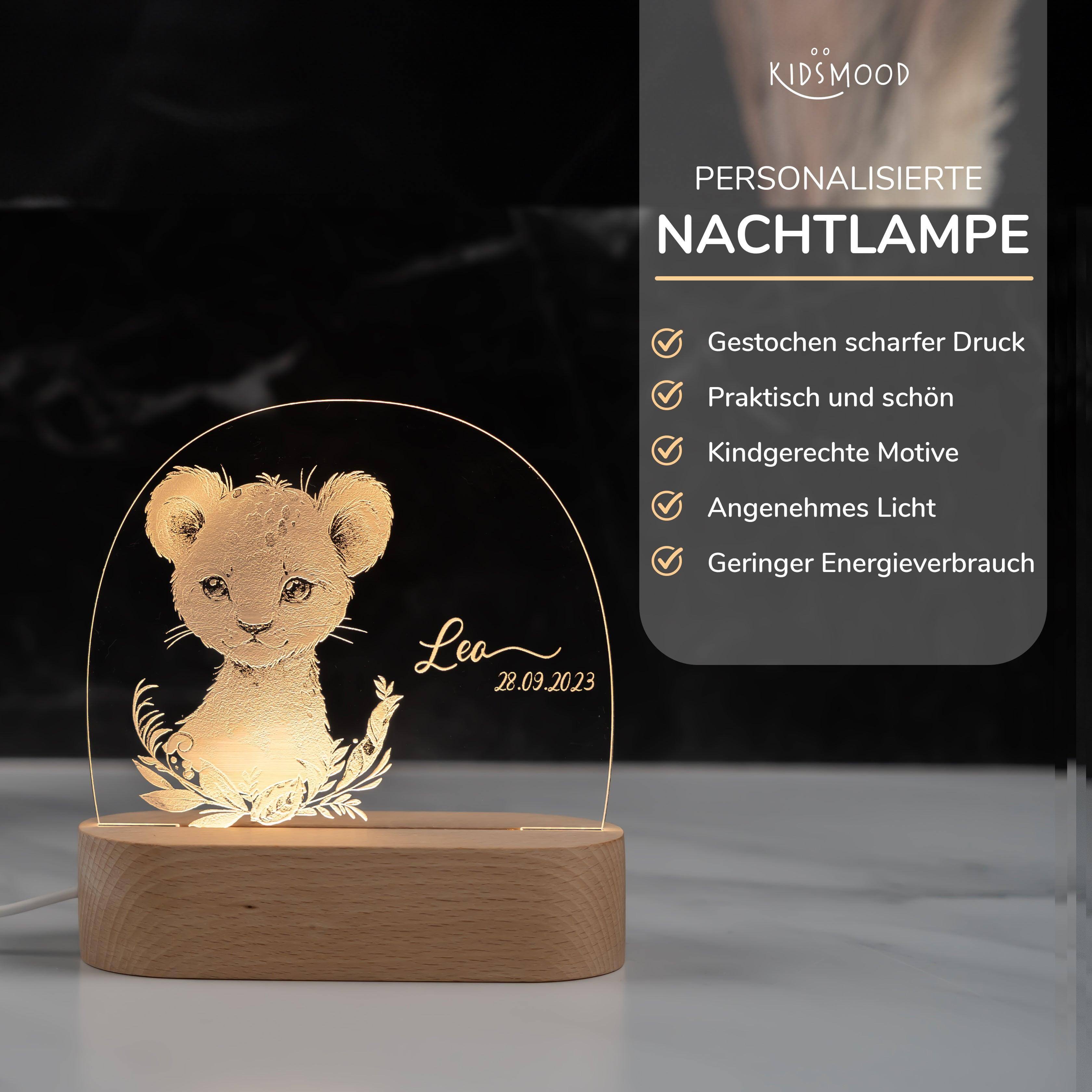nachtlampe mit baby-löwe motiv und individuellem namen