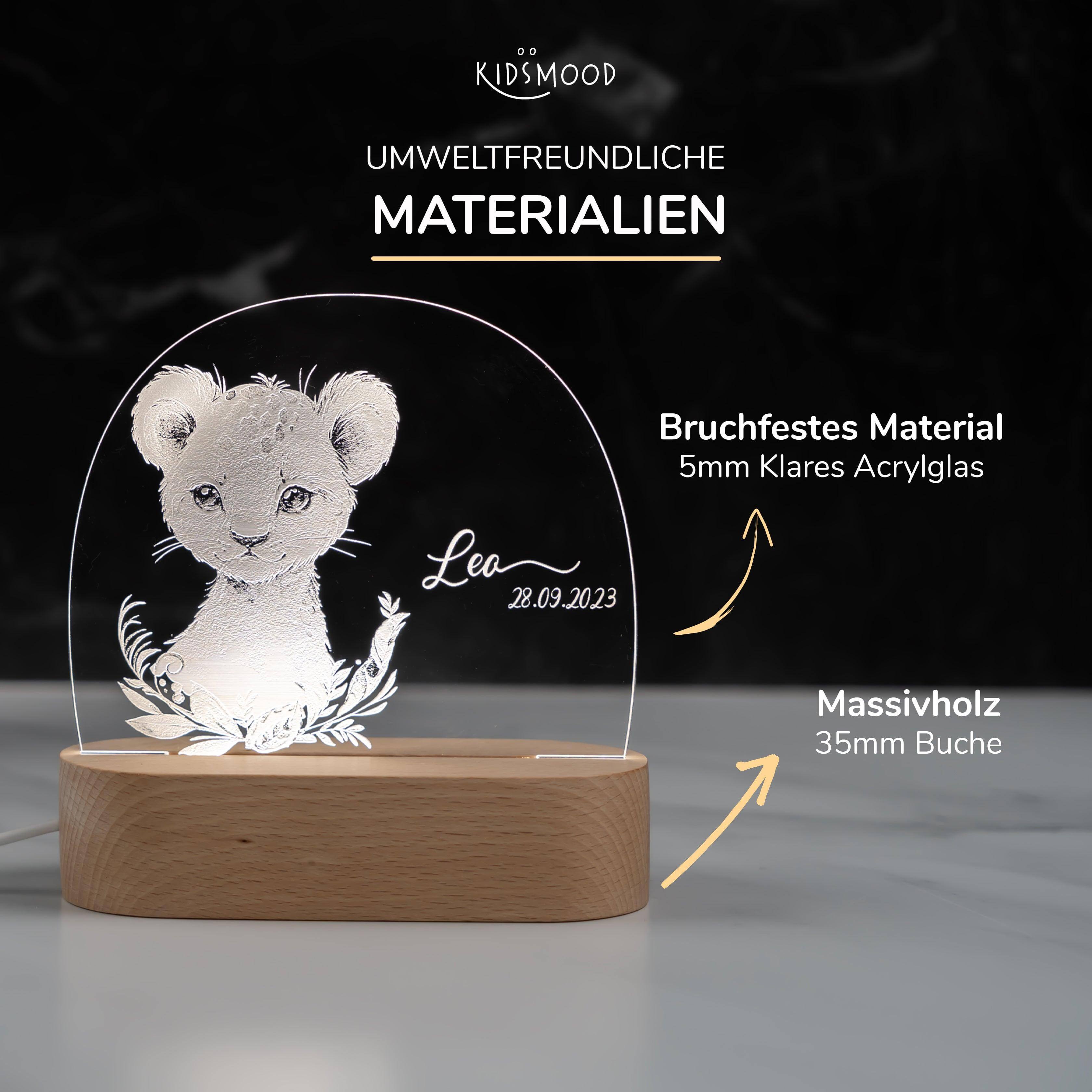 hochwertige nachtlampe mit baby-löwe personalisiert