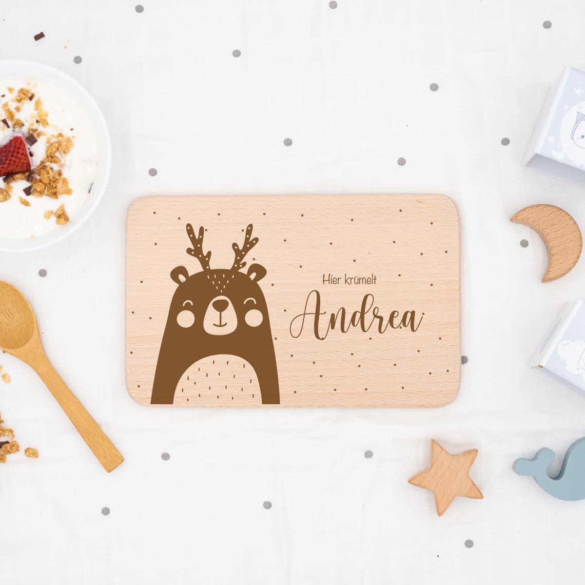 handcrafted breakfast board with Christmas bear engraving