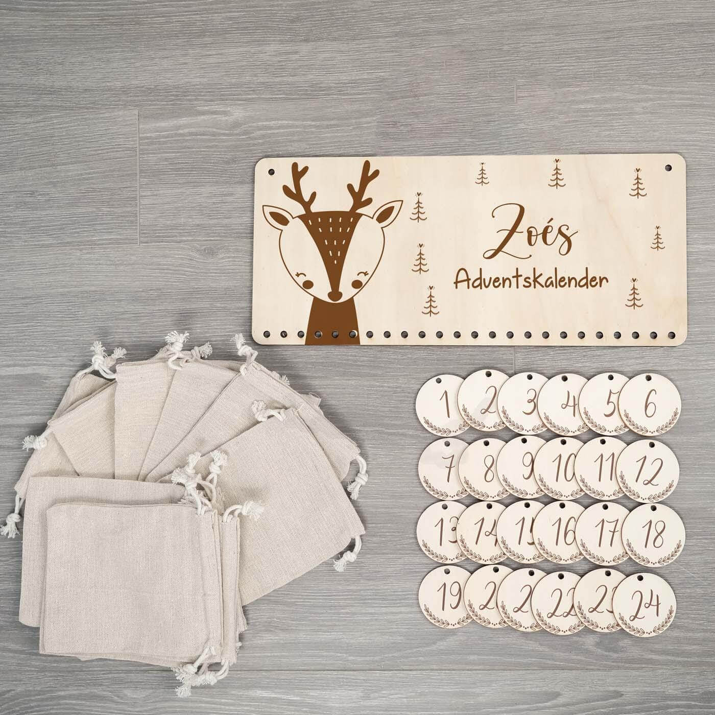 wooden advent calendar with personalized moose design