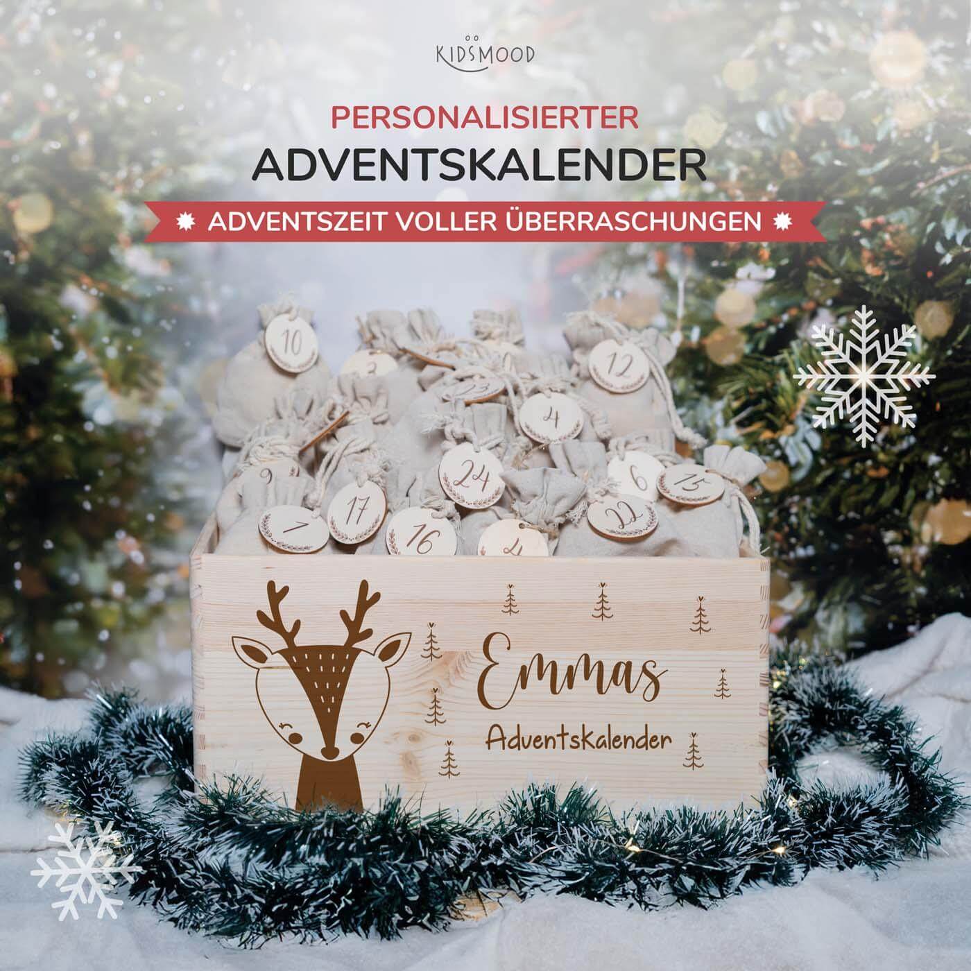hochwertiger adventskalender mit elch personalisiert