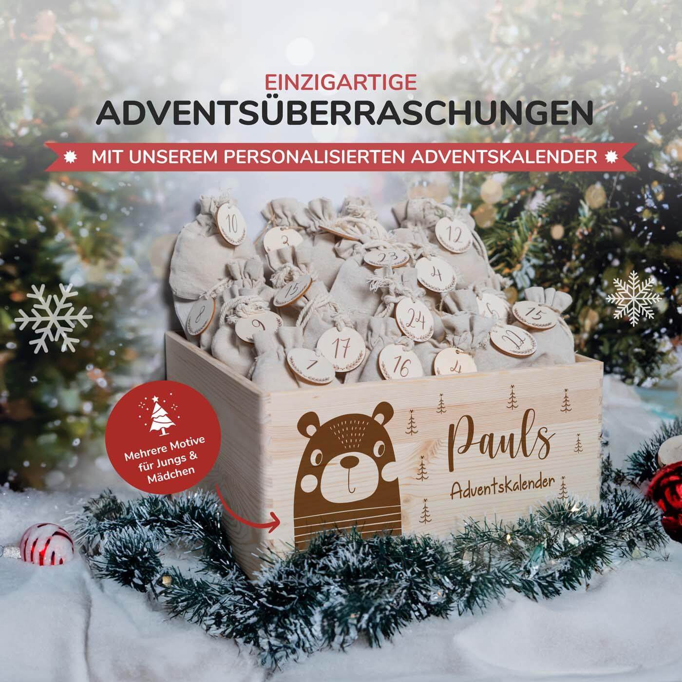 hochwertiger adventskalender mit bär personalisiert